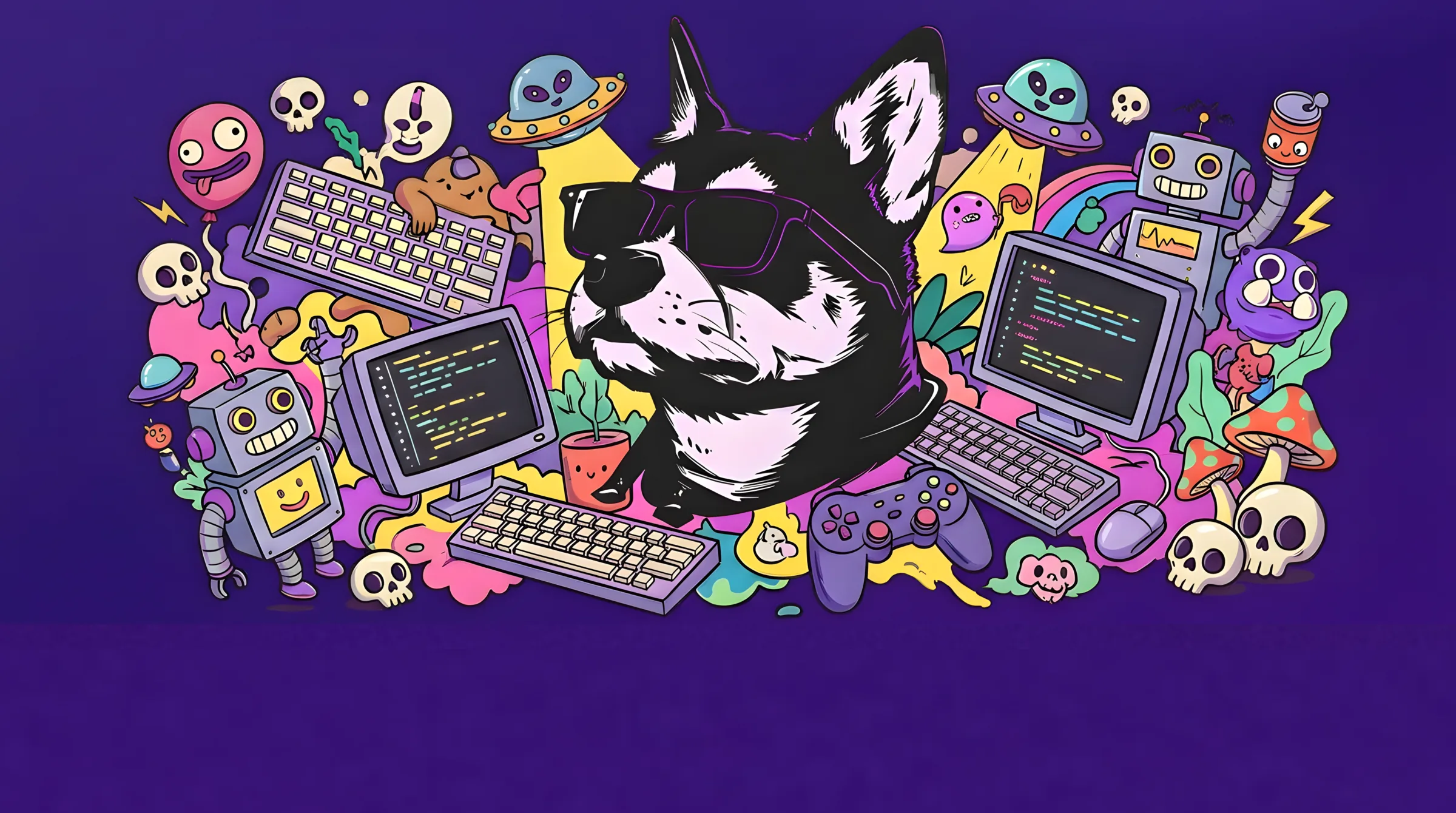 Rude Dog surrounded by keyboards, code, robots and doodles