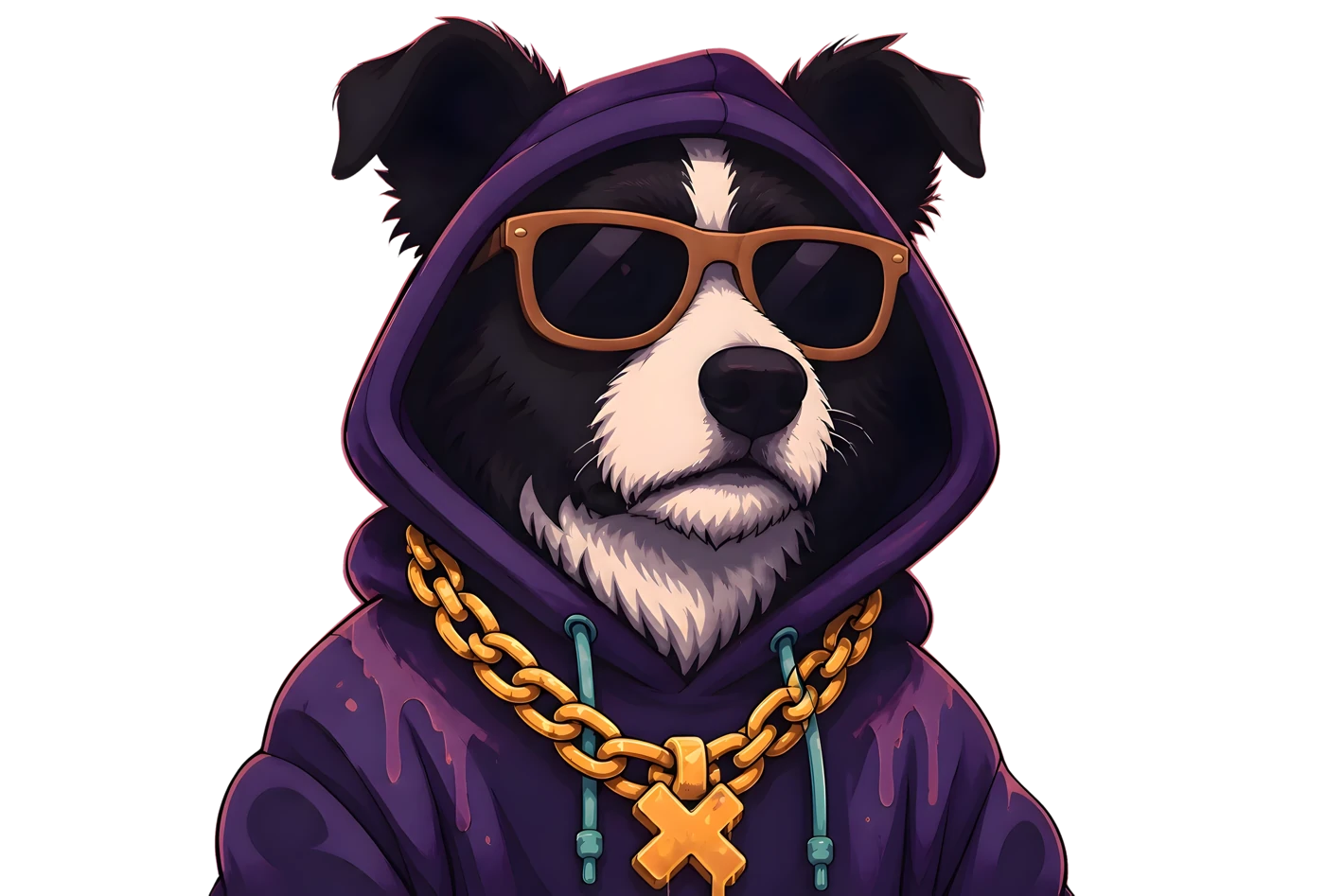 The Rude Dog mascot — a scruffy black and white dog in a purple hoodie, sunglasses and a gold chain